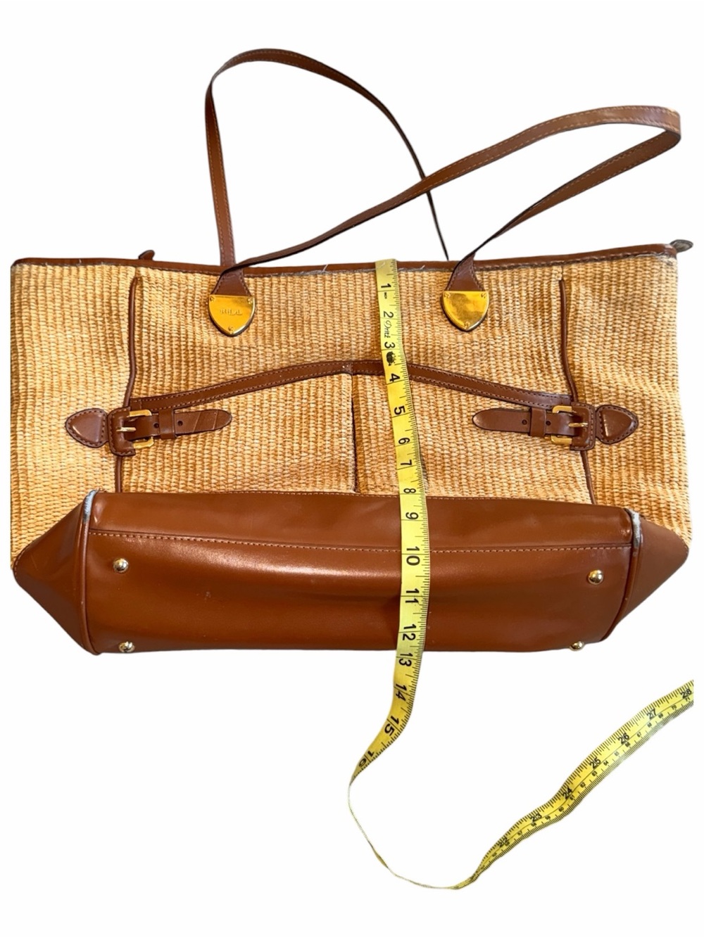 Lauren Ralph Lauren Straw Woven Tote Bag Brown Leather Trim Gold RL Logo Preowne - Picture 8 of 11
